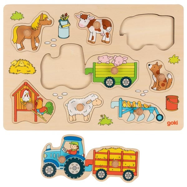 Goki Lift Out Peg Puzzle, Tractor with trailers